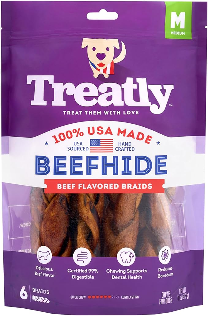 USA Beefhide Braids 7-8" Dog Chew Treats - Beef Flavor, 6 Count/1 Pack