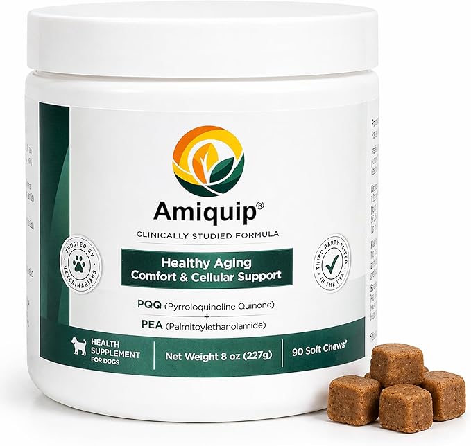 Amiquip® Dog Supplement for Senior Dogs – Longevity, Comfort & Joint Support, Clinically Studied Formula, 90 Soft Chews for Daily Healthy Aging with PQQ & Palmitoylethanolamide