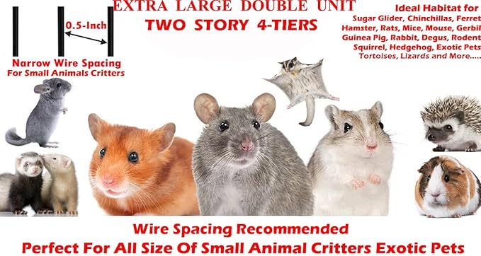 X-Large 31"x18.5"x53.5"H Deluxe Double Unit 4-Tiers Tight 1/2-Inch Bar Spacing Double Large Front Doors Feisty Ferret Squirrel Hammock Chinchilla Rat Hamster Gerbil Small Animal Critter Rolling Cage