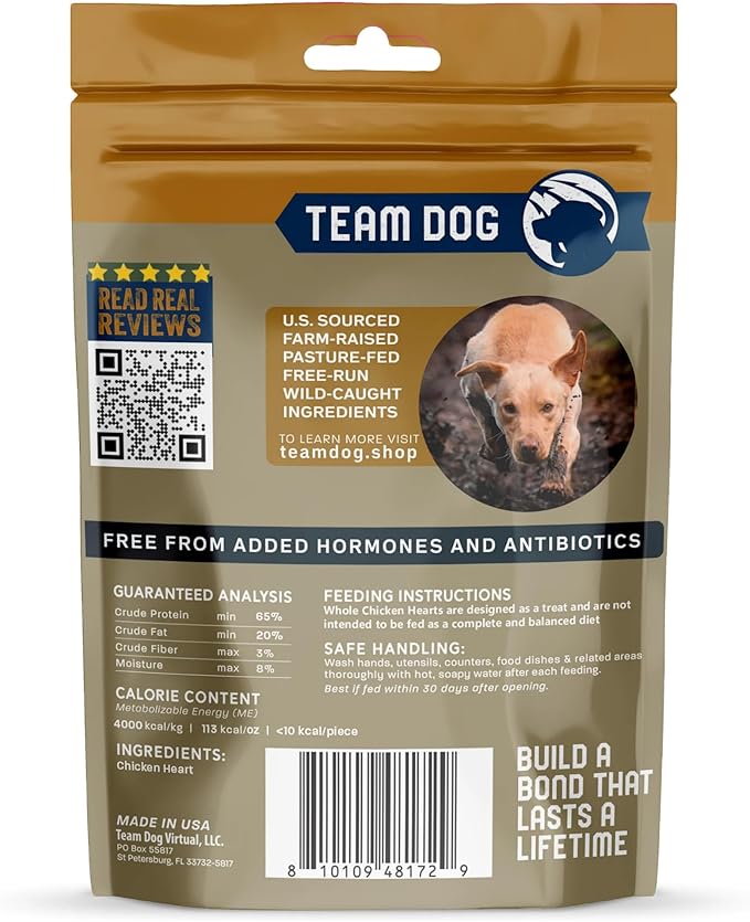 Team Dog Freeze Dried Chicken Hearts for Dogs, 4.5 Oz | Single Ingredient Dog Treat - Gluten-Free, Grain-Free | Healthy Premium, Butcher Cut Protein | High Value Training Treats | Made in The USA