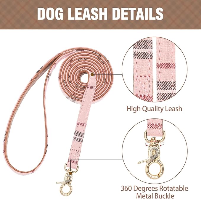 KOOLTAIL Pink Girl Dog Collar and Leash Set for Small Dogs with Bowtie and Bells - Cute Puppy Bandana Collar and Leash with Classic Plaid Pattern, Soft Leather Tangle Free Leashes for Small Dogs, S