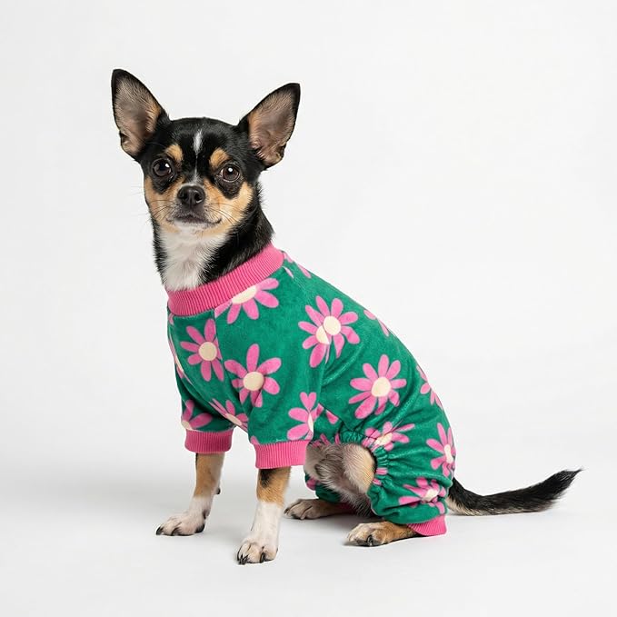 Fitwarm Flower Fleece Dog Pajamas, Warm Winter Dog Clothes for Small Dogs Girl, Cozy Pet Onesie with Feet, Dark Green, XXL