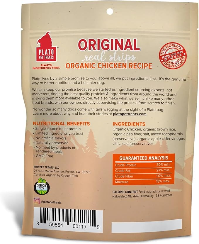 PLATO Pet Treats Real Strips Dog Treats – USDA Organic Chicken – Air-Dried High Protein Dog Treats – Limited Ingredient, Nutrient Dense, No Fillers – Made in USA – 6 oz