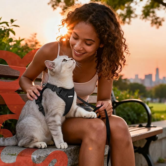 rabbitgoo Cat Harness and Leash for Walking, Escape Proof Soft Adjustable Vest Harnesses for Cats, Easy Control Breathable Reflective Strips Jacket, Black, M