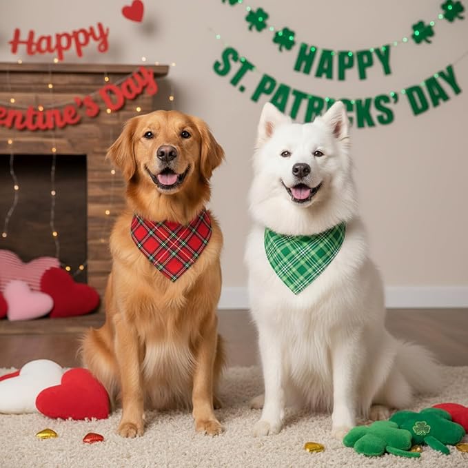 Shyyween 100 Pcs St. Patrick's & Mother's Day Dog Bandanas Bulk Red & Green Plaid Bandanas for Dogs Soft Triangle Bibs Adjustable Scarf for Small Medium Large Pets(25.6 x 17.7 x 17.7 Inch)