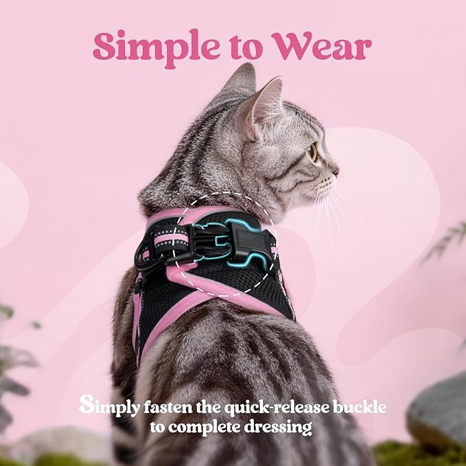 rabbitgoo Cat Harness and Leash Set for Walking Escape Proof, Adjustable Soft Kittens Vest with Reflective Strip for Cats, Comfortable Outdoor Vest, Black & Pink, S