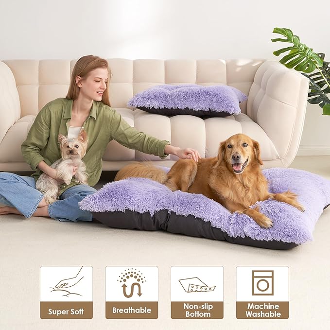 EHEYCIGA Fluffy XXL Dog Crate Pad, Plush Faux Fur Crate Bed for Extra Large Dogs, Calming Anti Anxiety XXL Dog Bed, Washable Soft Warm Mat with Non-Slip Bottom, Purple