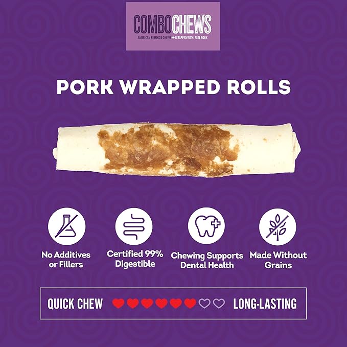 Combo Chews Beefhide Rolls 7" w/Pork Meat Wrap Dog Chew Treats - 3 Count/1 Pack
