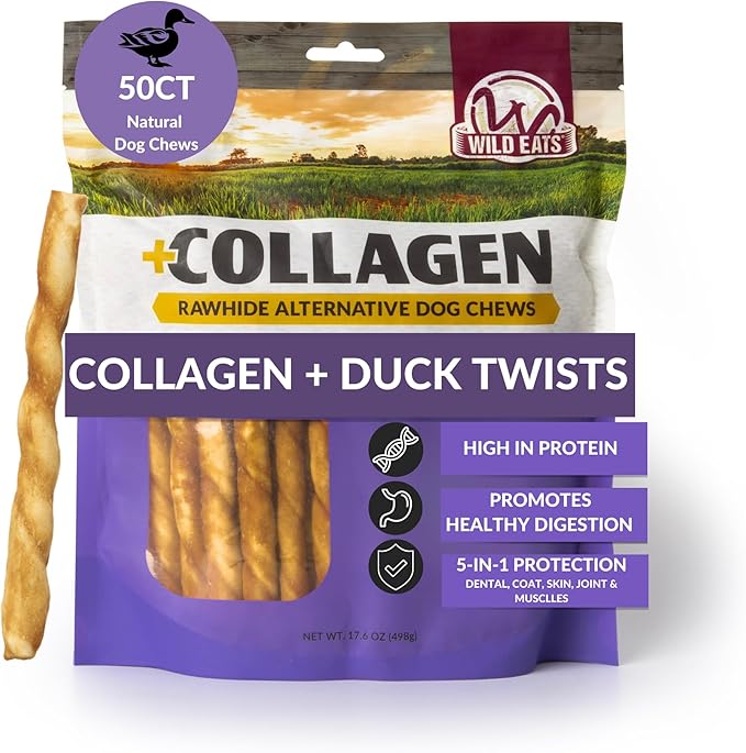 Wild Eats Duck Flavor Collagen Twist Style Long Lasting Dog Chews (50 Pack, 1 cm Wide) No Hide, Dog Treat Bully Stick Alternative, Rawhide Free, Grain Free, High Protein