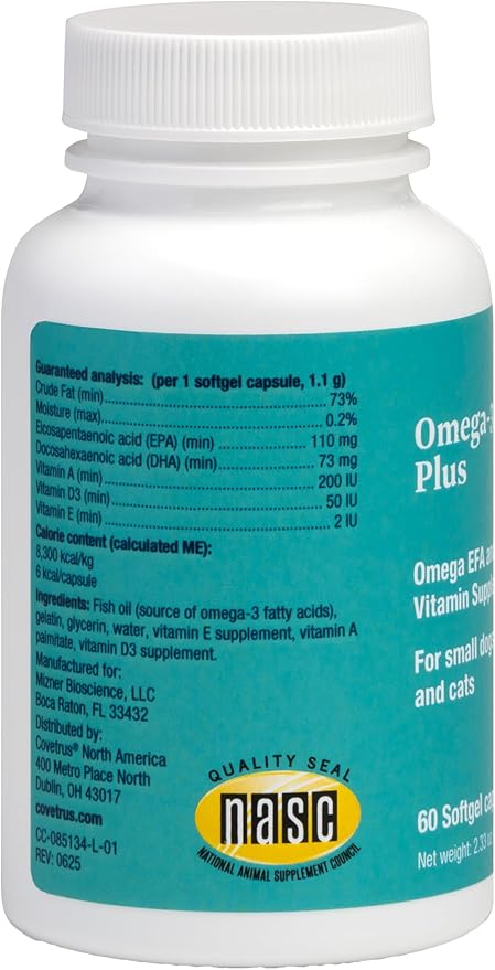 Covetrus Omega-3 Soft Gels for Cats & Small Dogs – Essential Fatty Acids with Vitamins A, E & D3 – Skin, Coat & Joint Supplement – 60 Count
