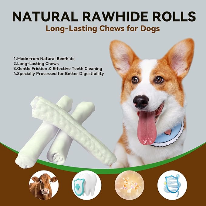 Rawhide Rolls for Dogs, Long Lasting Beef Hide Chews- Medium to Large Dogs, All Natural Ingredient Dog Rawhide Bones, Digestible Dog Chew Treats 350g (12.35 Ounce)