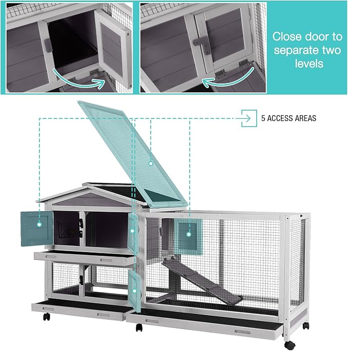 Suumerpety 62" Rabbit Hutch with Chew-Proof Ramp & Waterproof Roof - Indoor/Outdoor Bunny Cage, 2-Story Design, 6 Lockable Caster Wheels & Dual Pull-Out Trays (Grey)