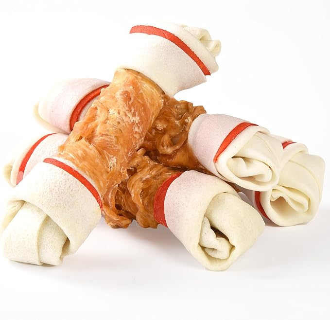 ASMPET Dog Treats Chews, 6.5" Chicken Wrapped Rawhide Knotted Bones Dental Care Chews for Small Medium Large Breeds（4 Pieces）