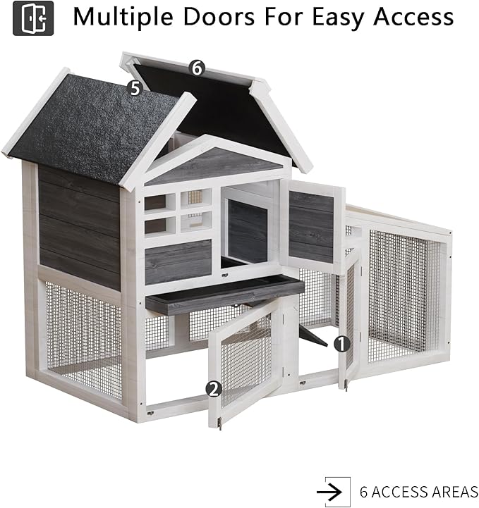 Garvee 2-Story Wooden Rabbit Hutch Indoor and Outdoor, Rabbit Cage with Removable Wire Netting and Leak Proof Tray, Weatherproof Bunny Cage with Anti-Chew Metal Frame Ramp for Small Animals Grey