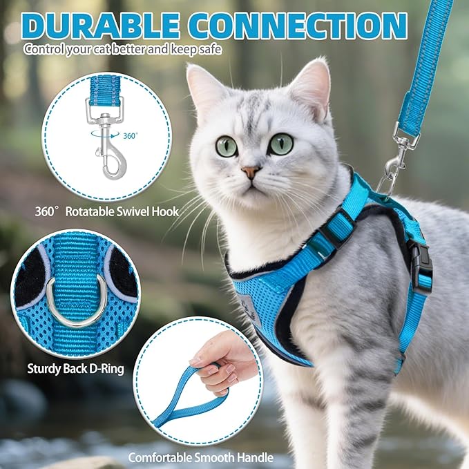 PUPTECK Cat Harness and Leash Set Escape Proof Reflective Cat Walking Harness Adjustable Soft Breathable Mesh Vest for Small Pets, Blue, L