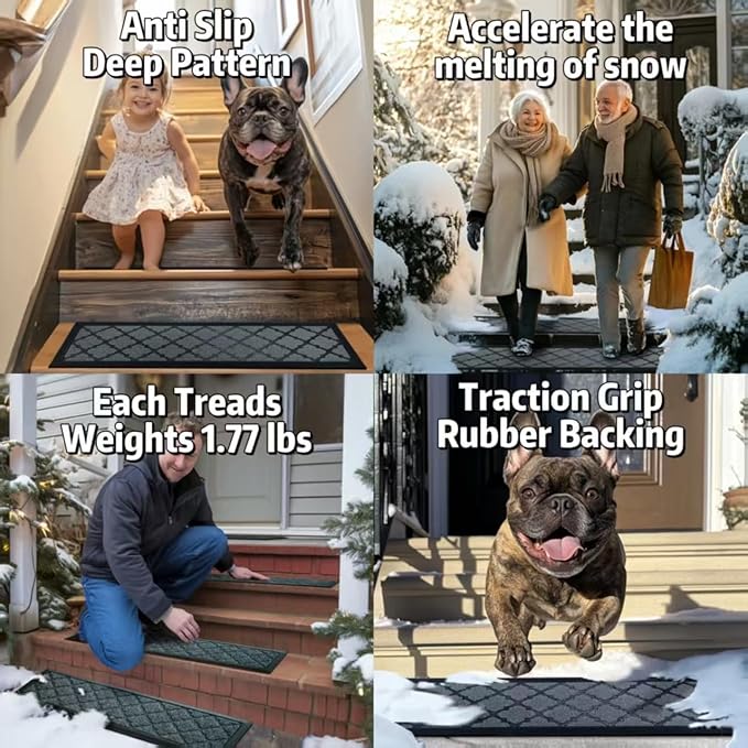 Aucuda 6pcs Stair Treads Outdoor for Dogs on Wooden Steps Non Slip 8.5" x 30" Stair Runner Rug Heat Insulation Rubber Backing, Gray Lattice Staircase Mat Carpet for Indoor Grip Farmhouse.