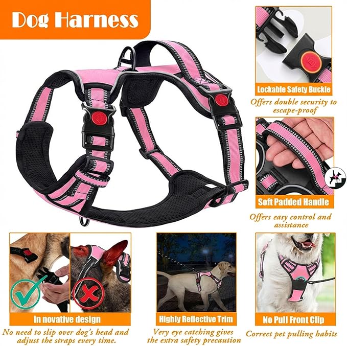No Pull Dog Harness, Collar & Leash Set | Includes Dog Seat Belt, Collapsible Bowls & Poop Bag Dispenser. Ideal for Training, Walking, Hiking. Fits Small to Large Dogs(Pink-L)