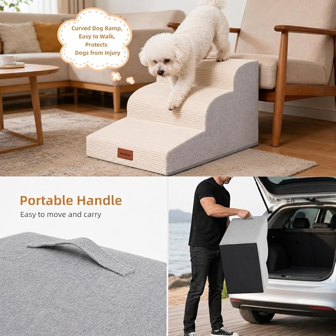 Dog Stairs for Small Dogs and Cats, 15.7" H, 3-Step Curved Pet Ramp for Couch Sofa and Chair, Non-Slip Medium Pet Steps with High Density Foam, Beige