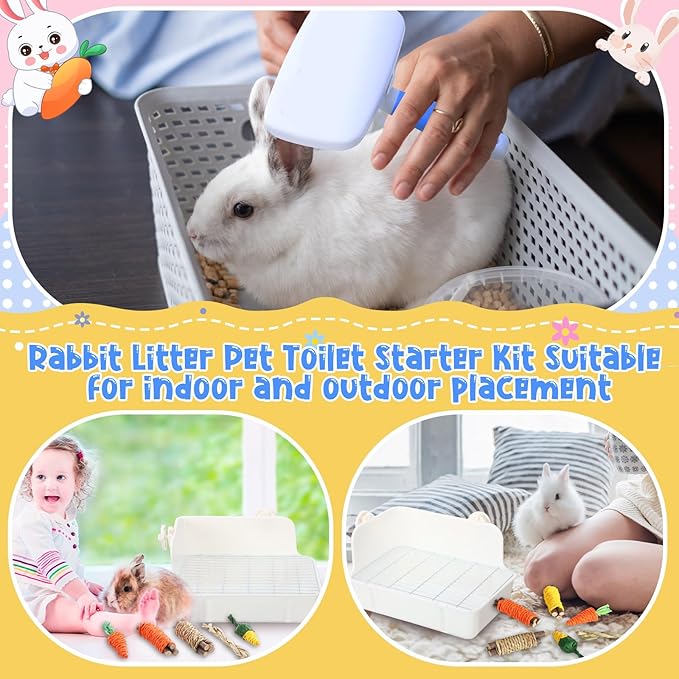 20 Pcs Rabbit Starter Kit Small Bunny Litter Box Animal Grooming Kit with Hanging Pet Bowls Water Bottle Bunny Toys Flannel Blankets with Cleaning Set for Guinea Pig Rabbit Accessories(Blue)