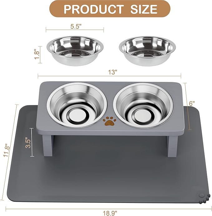 Elevated Cat Bowls with Silicone Mat, 15° Tilted Solid Wood Stand, Raised Stainless Steel Food & Water Dishes for Cats and Small Dogs, Anti-Vomiting Design(Slate Grey)
