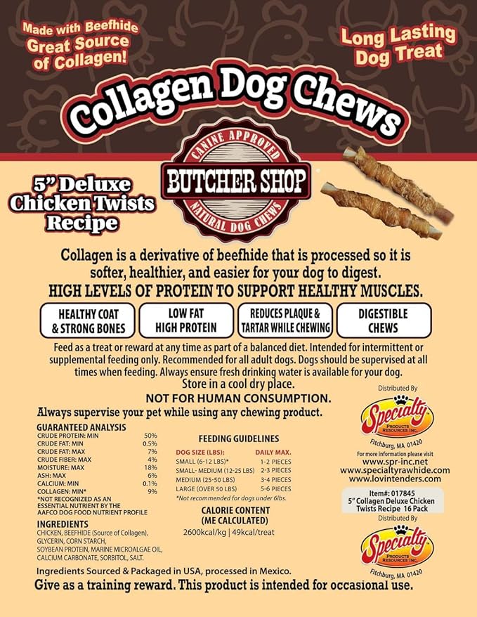 Butcher Shop Collagen Dog Chews 5” Deluxe Chicken Twists Dog Treats (2 Pack - 7.34 oz per Pack)