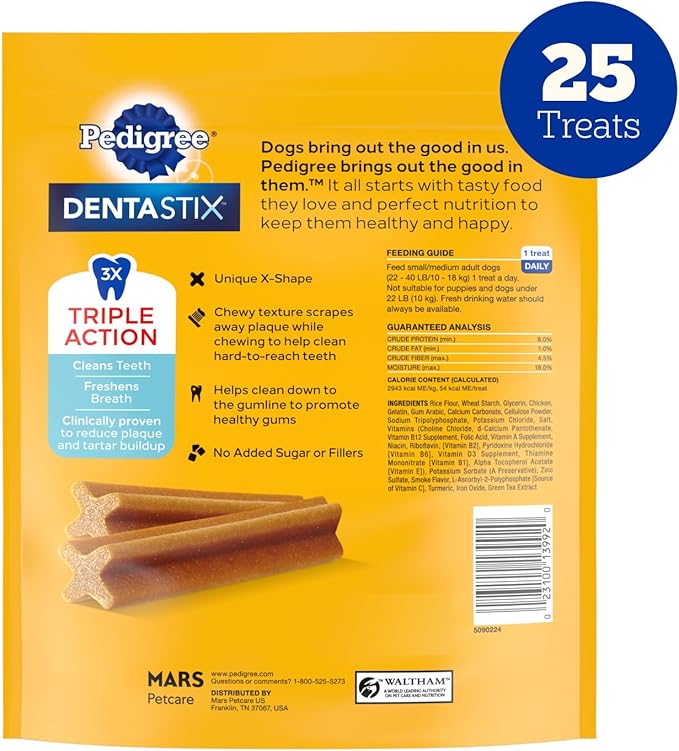 Pedigree Dentastix Small & Medium Breed Dog Treats, Original with Real Chicken, Dog Dental Treats, 13.9 oz. Bag (25 Treats Total)