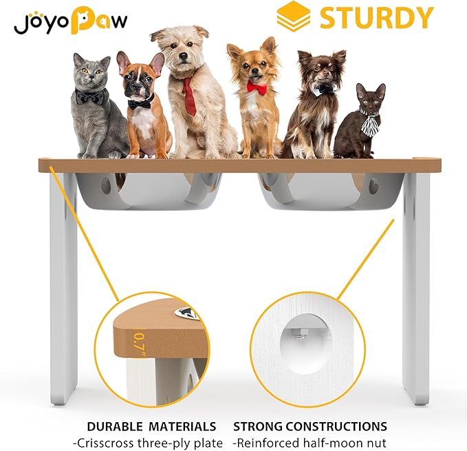 Elevated Dog Bowls, Waterproof Raised Dog Bowl for Medium & Large Dogs, HIPS Poly Lumber Stand with 2 Stainless Steel Bowls, Indoor & Outdoor Use (13'' Tall–68 oz Bowl, Teak - White)