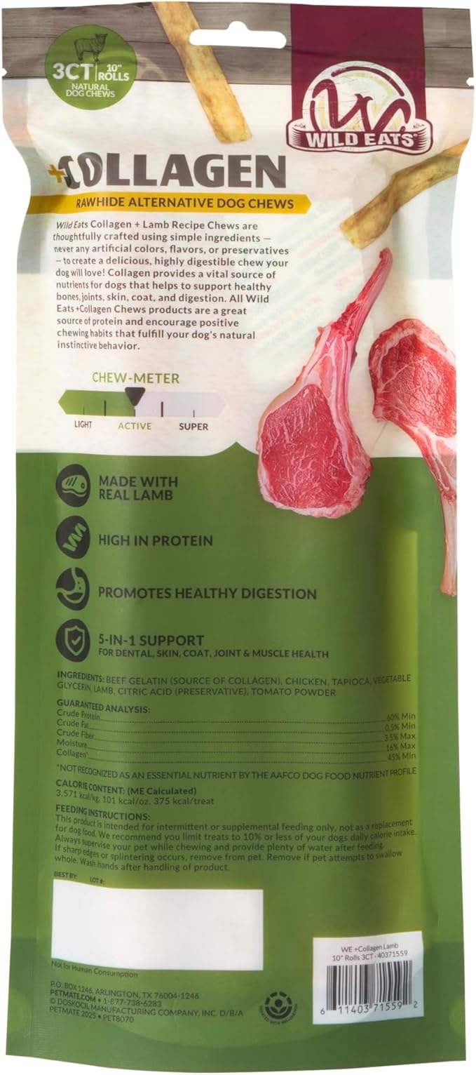 Wild Eats Lamb Flavor Collagen Retriever Style Cheek Rolls 10" Dog Chews-3 Pack (Long Lasting Dog Chews Treats & Bones for Medium Dogs) Substitute for Pig Ears for Dogs