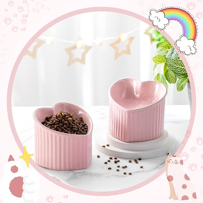 Mumufy 2 Pcs Ceramic Elevated Cat Bowls Tilted Elevated Raised Pet Bowls Anti Vomit Cat Dish for Indoor Stress Free Water Dish Feeder for Puppies, Heart Shaped(Pink)