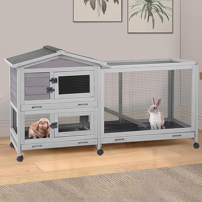 Aivituvin Rabbit Hutch Indoor 2 Story Bunny Cage Outdoor Guinea Pig Cage with Caster Wheels Chicken Coop with Run, 3 Pull Out Tray