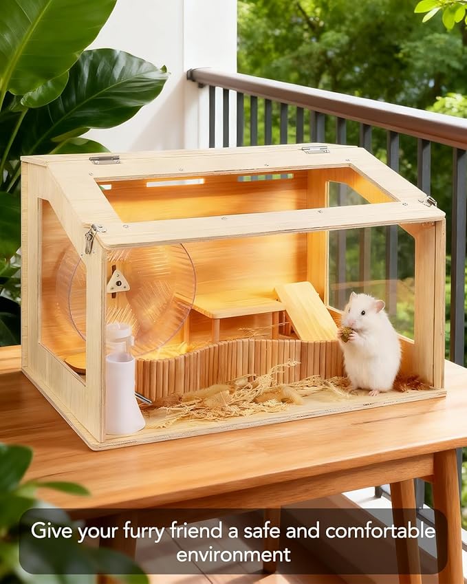 Wooden Hamster Cage and Habitat, Animal Cabinet for Dwarf Syrian Hamsters Degus, Complete Set of Needed Accessories, Openable Top with Acrylic Sheets, 24" L x 16 W x 16 H