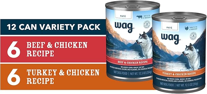 Amazon Brand - Wag Pate Wet Dog Food Variety Pack (Beef & Chicken / Turkey & Chicken), Made with Natural Ingredients, 12.5 oz Cans (Pack of 12)