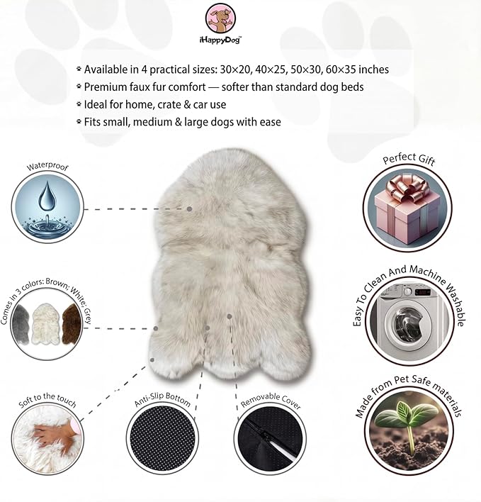 IHAPPYDOG Luxury Faux Fur Orthopedic Dog Bed, Memory Foam Dog Bed for Small, Medium, Large and XL Pets, Fluffy Pet Bed with Waterproof and Washable Cover (White w/Brown Tips, 30"x20")