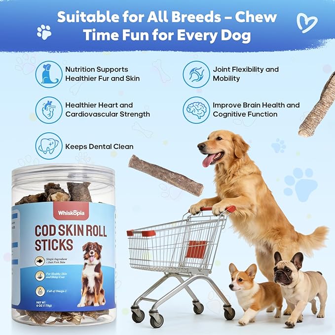 Cod Skin Rolls for Dogs Single Ingredient Fish Skin Dog Treats for All Breeds Dental Treats for Teeth Cleaning Rich in Omega-3 Dog Snacks Cod Skin Chews for Medium and Large Dogs 6 oz