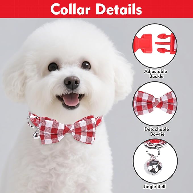 EXPAWLORER Cute Dog Harness Collar Leash Set - Red Girl Dog Harness Checkered Step-in Design, Detachable Bow Pet Collar, Adjustable No-Choke Lightweight Mesh Vest for Small Medium Dogs, M