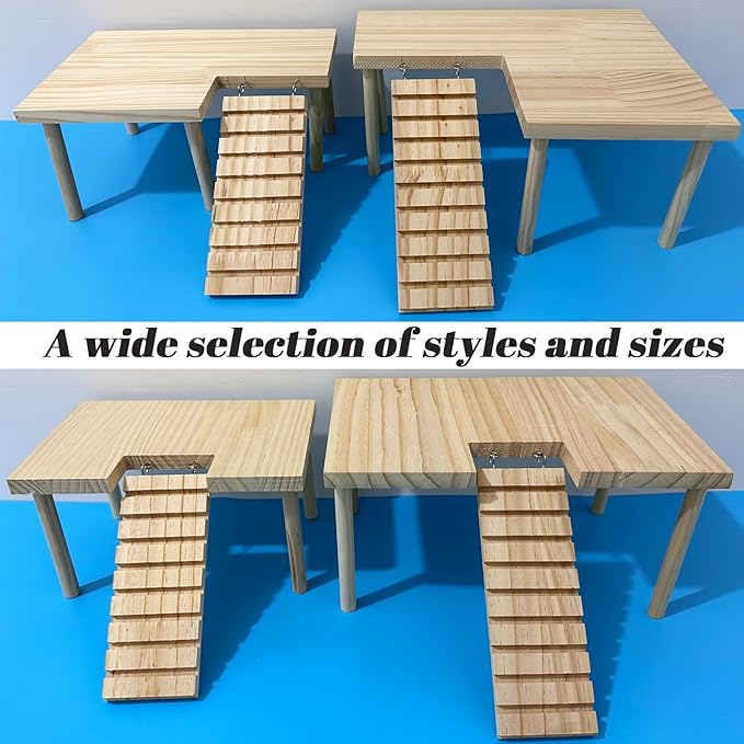 Wooden Hamster Platform with Legs, Small Syrian Hamsters Climbing Platforms with Ramp Kit Wood Ladder Bridge Rat Playing Toy Standing Table Gerbil Cage Accessories