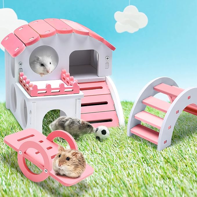 3 Pieces Fun Hamster Guinea Pig Hideout Kit Include PVC Hamster House, Rainbow Bridge, Seesaw DIY Exercise Playhouse for Rats Mouse Small Animals(Small,Pink)