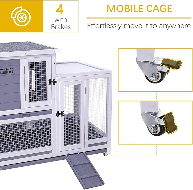 GEGURI Rabbit Hutch, Two-Story Indoor Bunny Cage, Outdoor Guinea Pig Cages for Small Animals with Wheels, Removable Tray