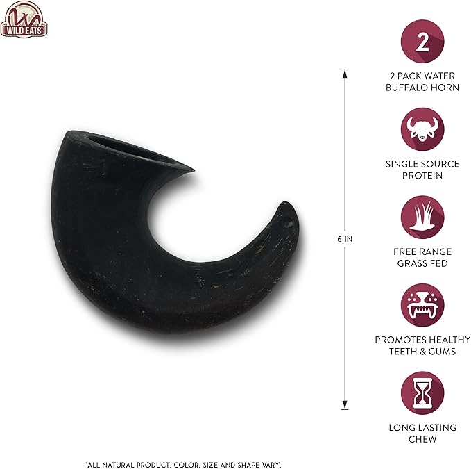 Wild Eats Water Buffalo Horn No Hide Dog Bones & Chews (All Natural Single Source Protein, Grain Free Treat, Long Lasting Dog Chews & Bones (2 Pack, Medium-Horn)
