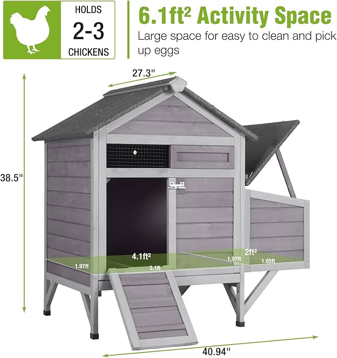 GUTINNEEN Small Chicken Coop with Nesting Box for 2–3 Chickens, Outdoor Duck House Raised Rabbit Hutch with Weatherpoof Asphalt Roof, 2 Perches, Easy Clean Pull-Out Tray, 40.94"L x 27.37"W x 38.55"H