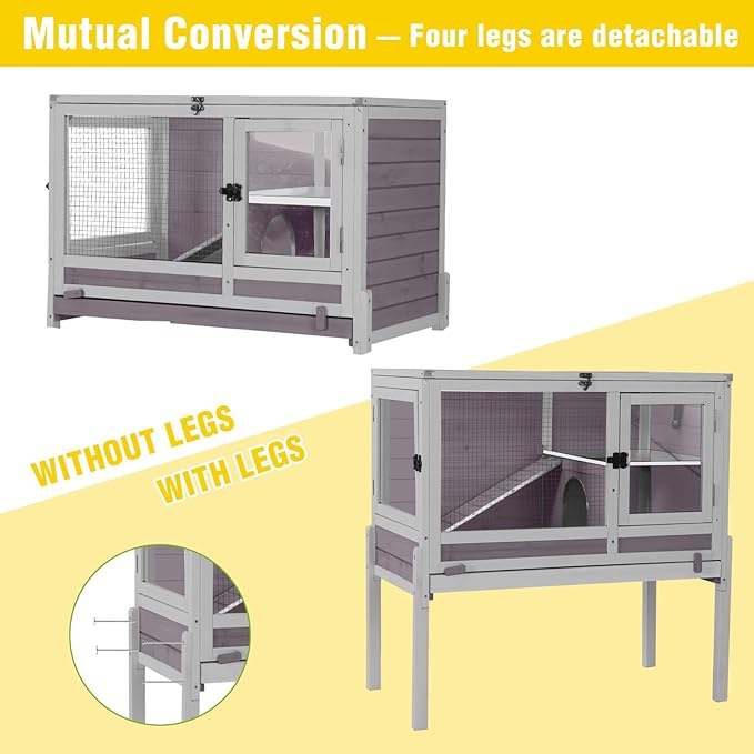 Aivituvin 2-Story Indoor Rabbit Hutch Guinea Pig Cage with Stand, Wooden Bunny Cage Small Animal Cages with Chew-Proof Ramp, Pull-Out Tray & Leakproof PVC Layer (Grey)