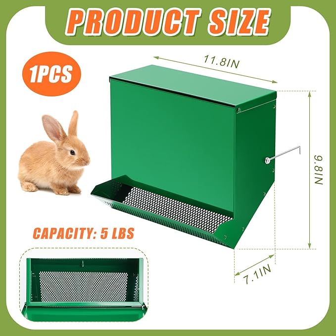 Maxcheck No-Waste Metal Rabbit Feeder for Cages, Large Hanging Food Dispenser with Mesh Bottom & Lid, Holds 5lb Feed for Several Days, Bunny & Small Pets