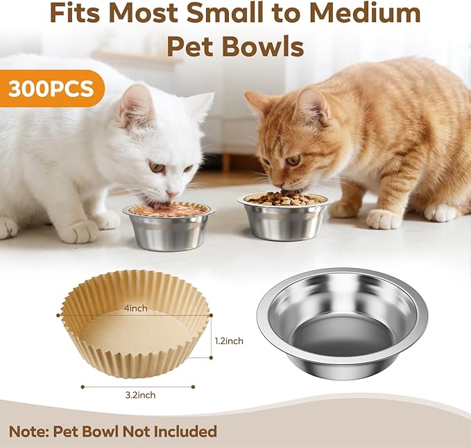 300 Pcs Disposable Pet Food Bowl Liners Bulk, Small Paper Cat Dishes, Dog Feeding Plate for Dry and Wet Food, Animal Feeding Station, Leak-Resistant Meal Mats, Brown, 4 x 1.2 Inch