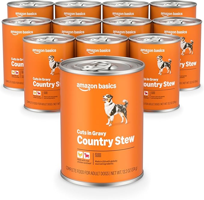 Amazon Basics Wet Dog Food, Country Stew Cuts in Gravy, Made with Real Chicken & Beef, 13.2 oz can (Pack of 12)