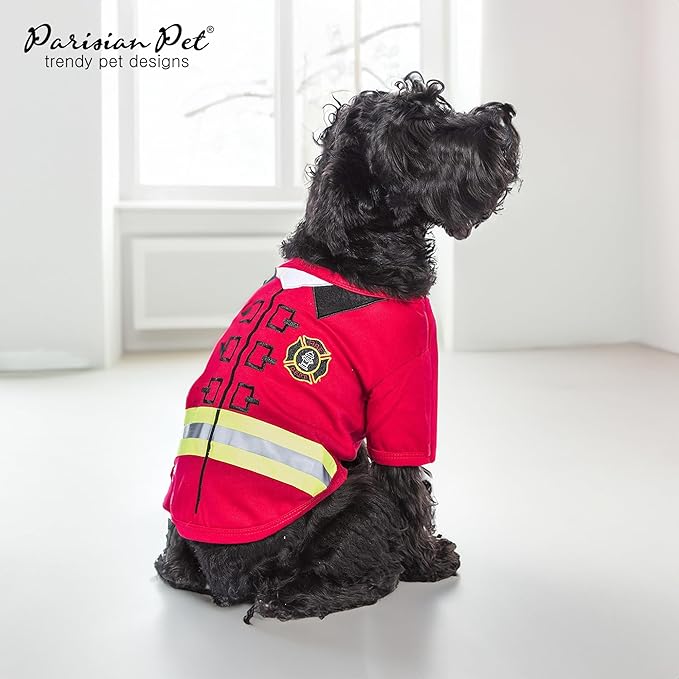Parisian Pet Dog Costume - 100% Cotton Firefighter Dog Clothes for Large Dogs - Lightweight Puppy Outfits - Funny French Bulldog Clothes - Sleeved Red Shirt for Dogs - Stretchy Pet Costume
