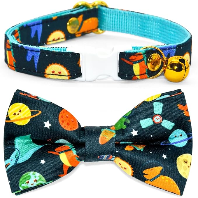 Space Dinosaur Cat Collar Bow Tie with Bell, Breakaway Safety Collar, Wedding/Birthday Cat Accessories