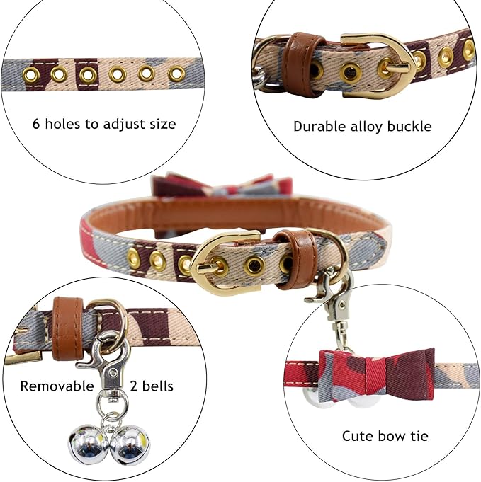 3PCS Bow Tie Dog Collar and Leash Set Plaid/Camo/Dots/Flower Dog Bandanas with Bell 3 Size Adjustable for Small Dogs Puppies and Cats (XS, Camo 2)