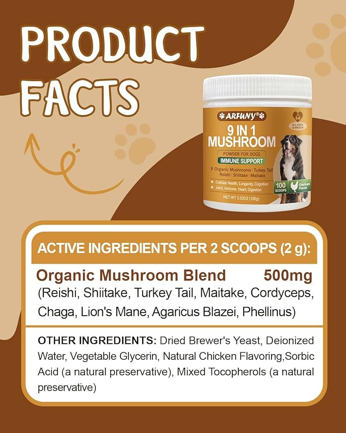 Mushroom for Dogs - Turkey Tail for Dogs - 9 Organic Mushroom Supplement with Turkey Tail, Reishi, Lions Mane - Hip & Joint, Skin & Coat, Digestive, Cellular, Immune Health Support - Chicken Flavor