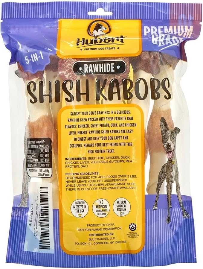 Hubert Pet Gourmet 5-in-1 Large Rawhide Kabobs, Quad Flavor Dog Chews, 10 Inch Treats for All Dog Sizes, 10 Count Bag, 1.8 Pound Resealable Bag