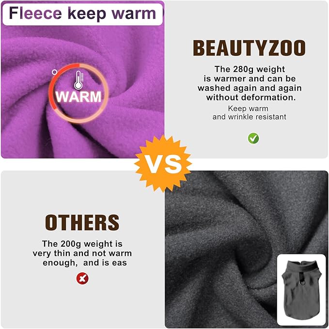 BEAUTYZOO XS Dog Sweaters, Soft Fleece Vest Pullover Dog Jacket with D-Ring Leash Attachment, Warm Winter Dog Clothes Cold Weather Doggy Chihuahua Sweater for Small Dogs Cats Boy or Girl, Purper XS